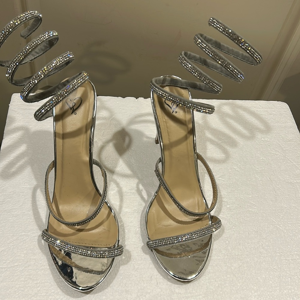 Windsor rhinestone spiral wrap strap bling bejewel chrome stiletto heels size8.5